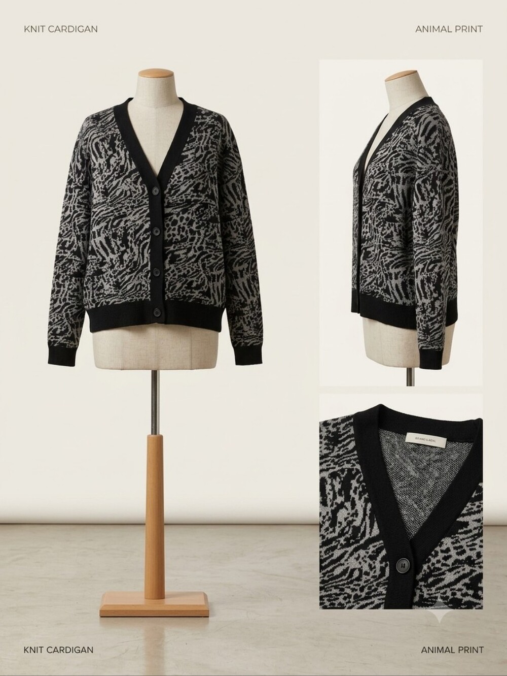 Simply Vera, Vera Wang Black and Gray Animal-Print Knit Cardigan, Size Large